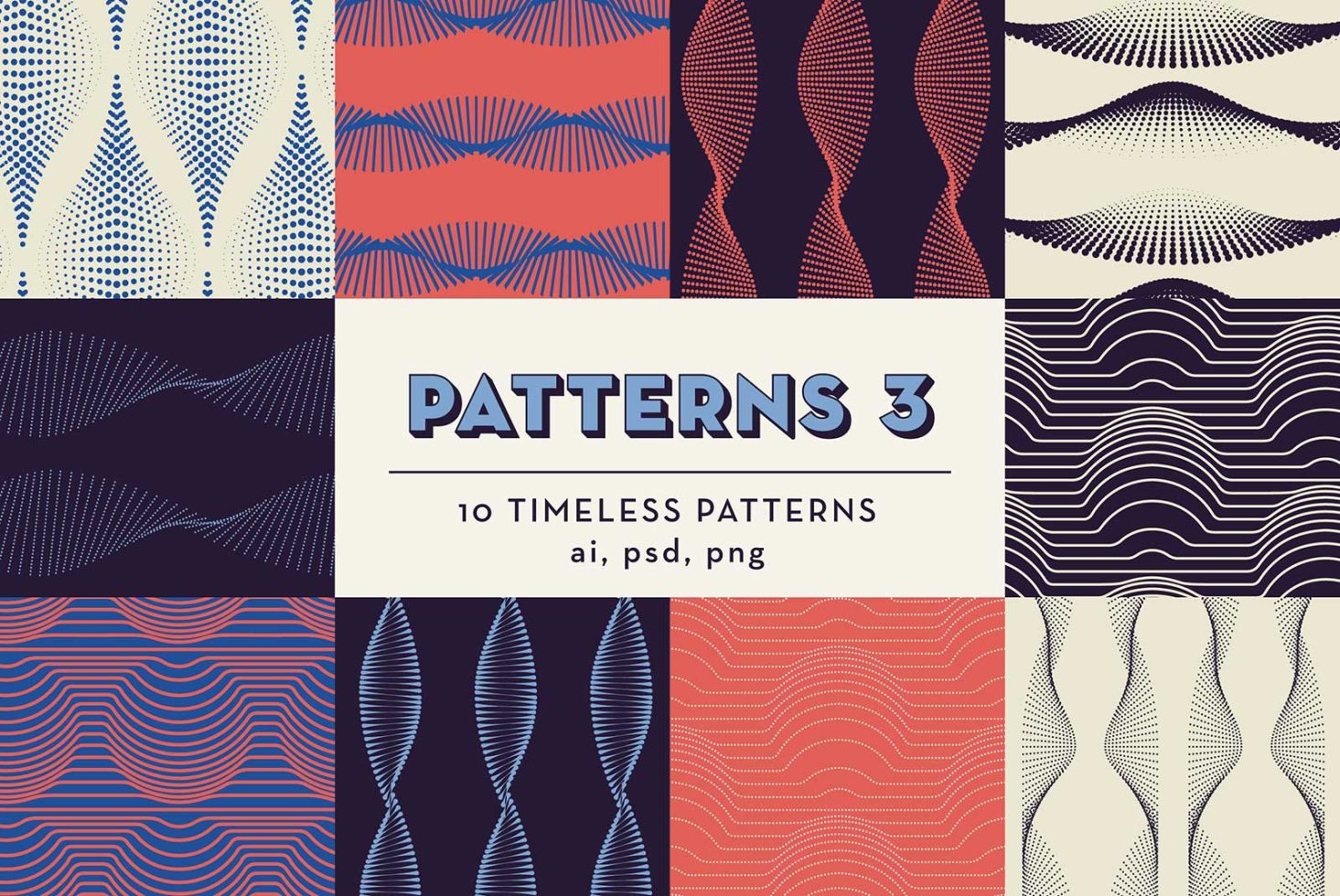 Collection of 10 seamless pattern designs for creative projects, available in AI, PSD, PNG formats, suitable for Graphics category.