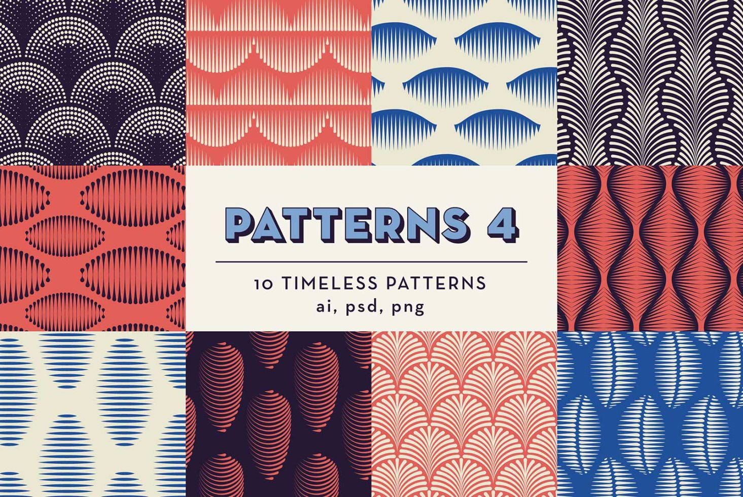 Collection of 10 timeless pattern designs in various colors, available in ai, psd, and png formats, ideal for graphics category in digital assets.