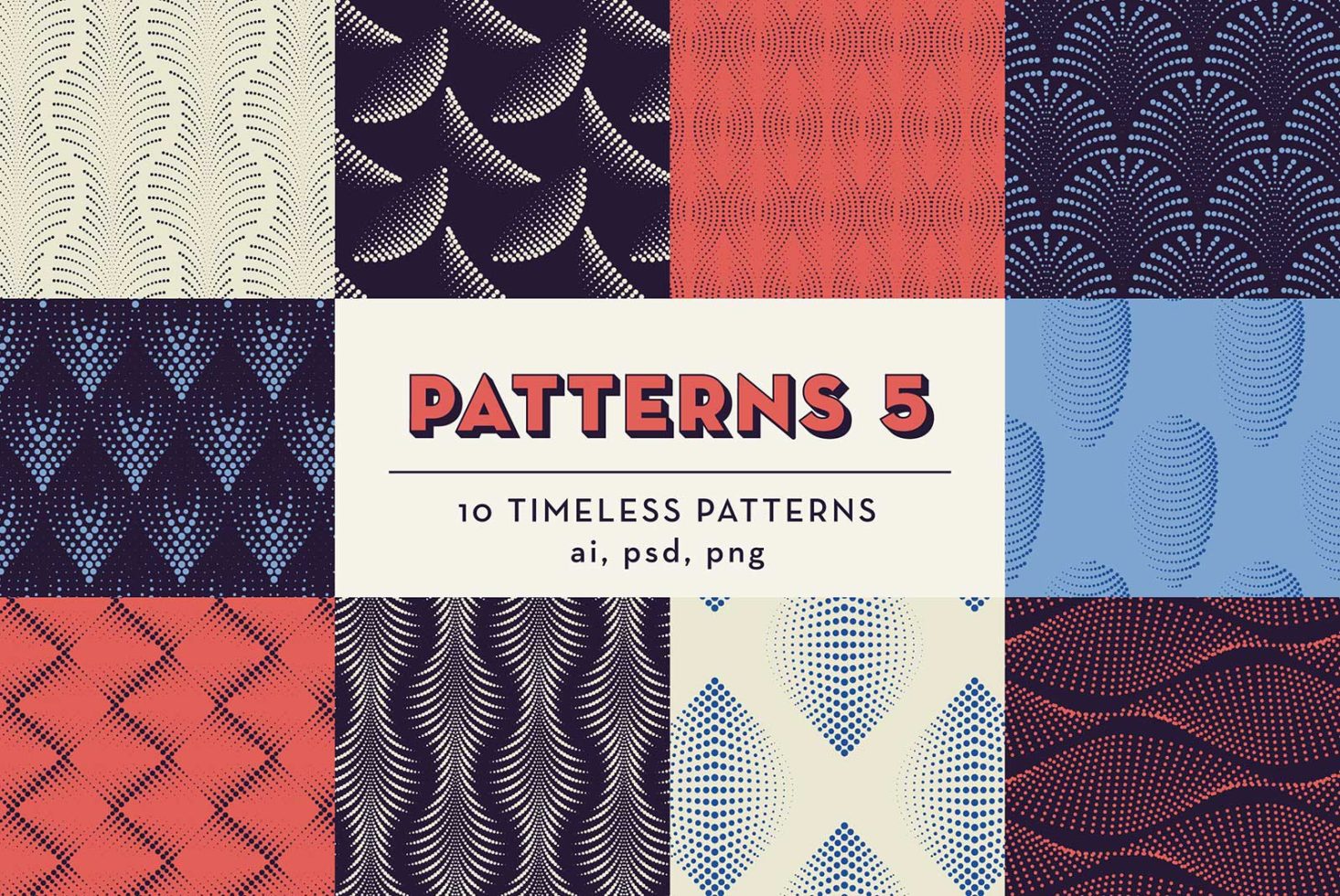 Collection of 10 seamless pattern designs in red, blue and beige, available in ai, psd, png formats for graphics and templates.