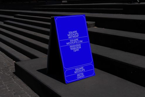 Sidewalk sandwich board mockup with blue neon glowing screen