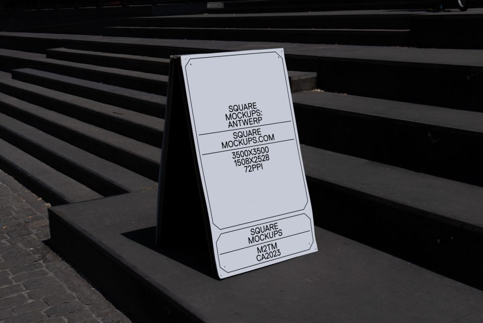 Sidewalk sandwich board mockup with white screen on concrete steps