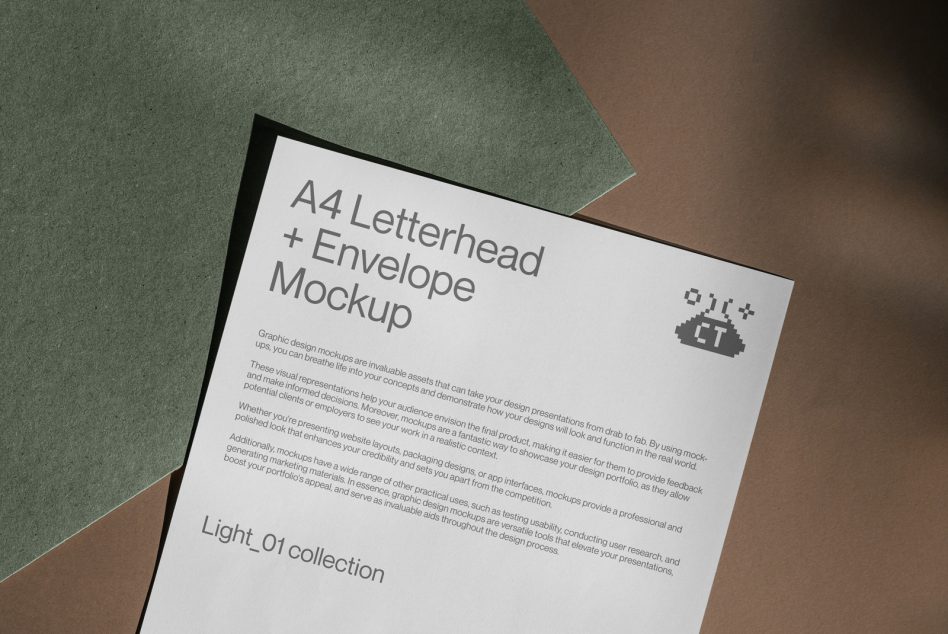 Letterhead plus envelope mockup laid on green brown paper background flat lay