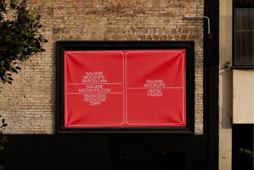 Two-panel poster mockup on brick wall with bright red background