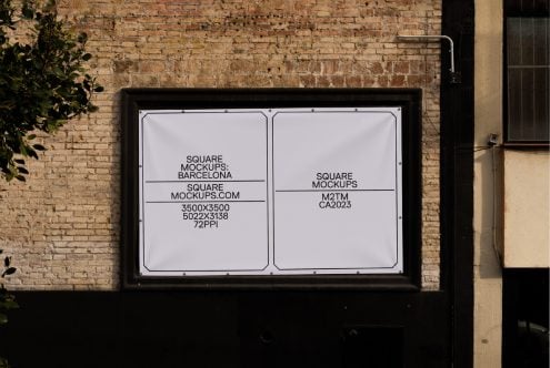 Two-panel poster mockup on brick wall with white background