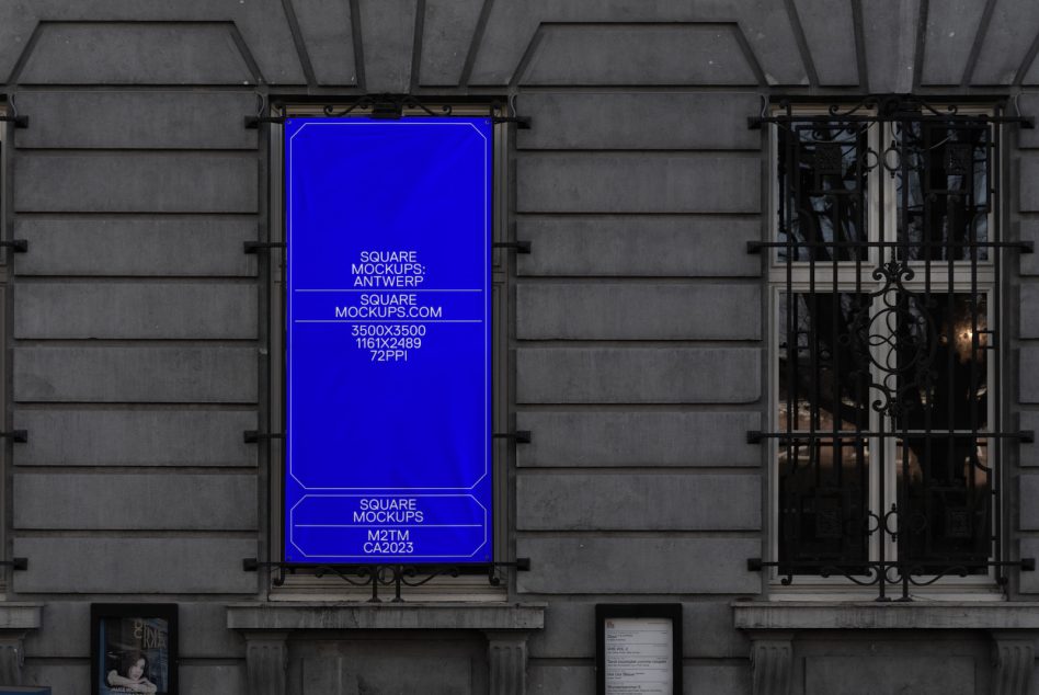 Bright blue window display mockup on dark modern storefront facade