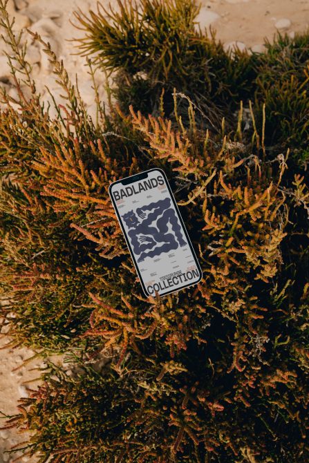 Smartphone screen mockup showing Badlands graphic nestled in natural greenery for designers to display app graphics or designs.