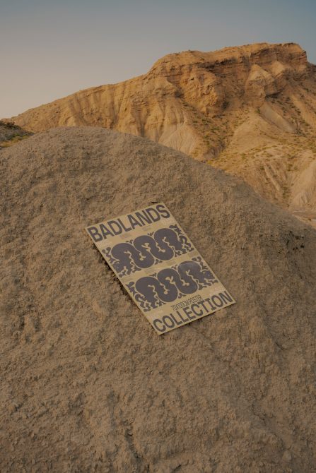 Vintage poster mockup on textured rock with desert backdrop, ideal for showcasing design work and graphics to clients or portfolio.