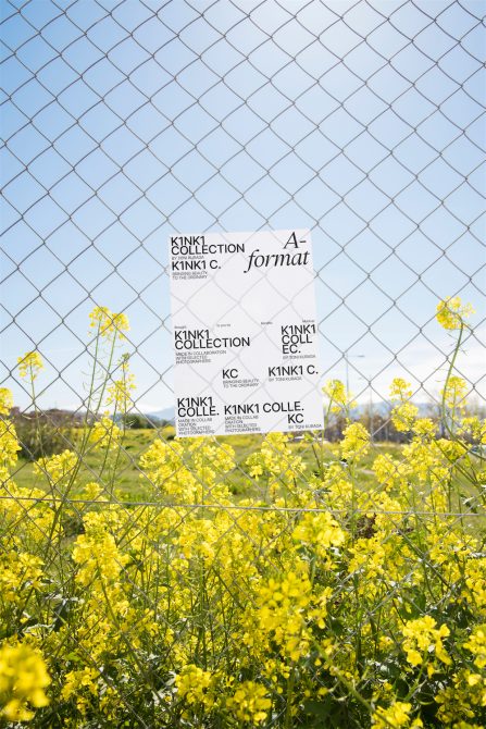 Bright yellow flowers against blue sky with a wire fence overlay showcasing KINK1 Collection poster for graphic design template.