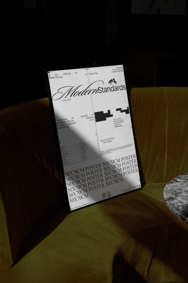 Poster mockup on velvet sofa showcasing elegant typography design in dimly lit room for home decor and interior presentations.