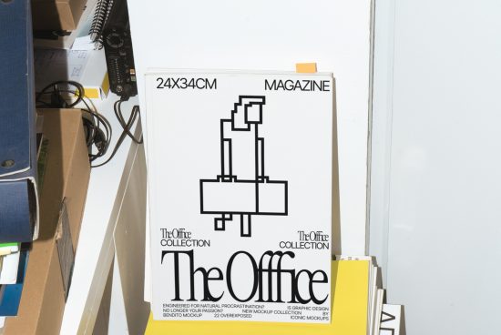 Magazine cover mockup with minimalist office graphic design leaning against white wall, showcasing bold typography and layout.