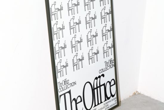 Poster mockup leaning against a white wall with a stylized The Office graphic, ideal for designers seeking office-themed templates.