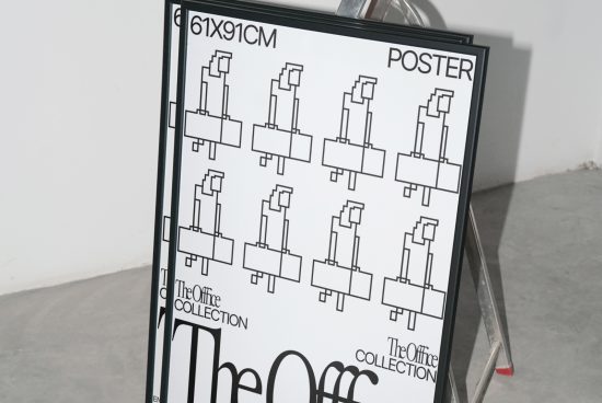 Black and white poster mockup with abstract office worker design and text for creative print presentations, displayed on an easel.