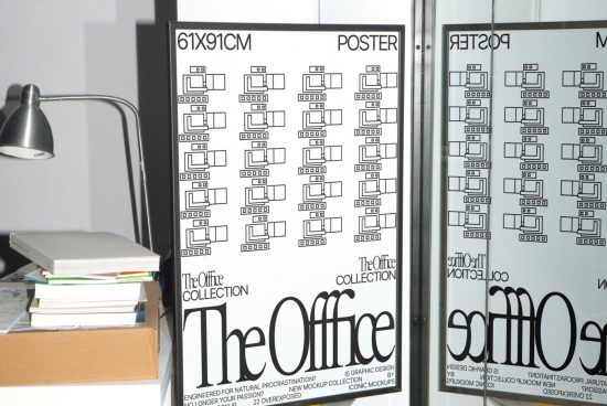 Modern office-themed poster mockup with geometric design, displayed on a desk with lamp and books, suitable for graphic template showcase.