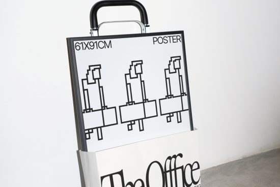 Minimalist poster mockup in a metal standing frame displayed against a white wall, showcasing pixel art style graphics.