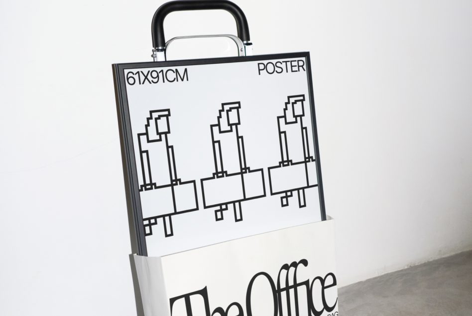 Office poster mockup with building sketches held by black handle