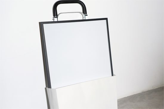 Blank white poster board on stand with clip, isolated on grey background for mockup design display, advertising space, clear template.