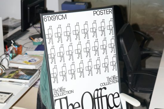 Modern graphic poster mockup with line art office chair design, part of The Office Collection, displayed in a workspace environment.