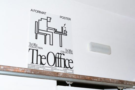 Minimalistic poster mockup with typography design featuring 'The Office Collection' text, displayed on an indoor wall, great for presentations.