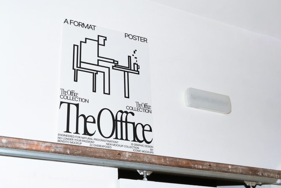 Minimalistic poster mockup with typography design featuring 'The Office Collection' text, displayed on an indoor wall, great for presentations.