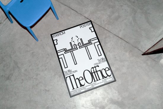 Concrete floor with a mockup poster for 'The Office', and a blue chair. Ideal for designers looking for showpiece graphics or presentation templates.