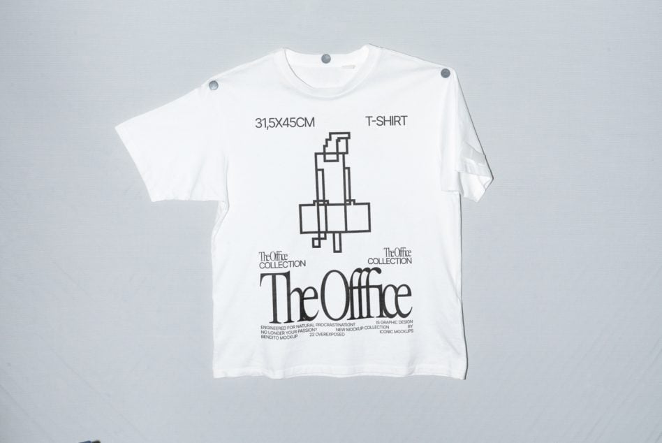 White t-shirt with line art office chairs repeating pattern from The Office Collection
