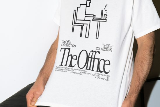 Man modeling white t-shirt with The Office Collection graphic design, ideal for Mockup category, perfect for designers showcasing apparel work.