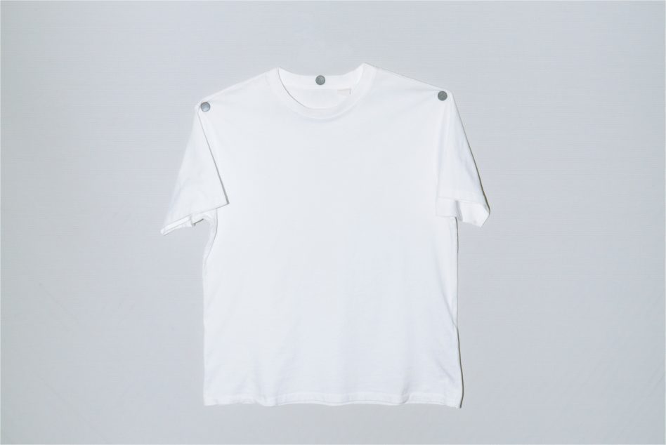 Plain white t-shirt mockup on a simple background, perfect for apparel design presentations and branding projects.