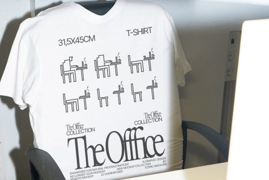 White T-shirt mockup with the text 'The Office Collection' and graphics of tables and chairs, indicating product dimensions, displayed on a hanger.