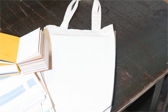 Blank white tote bag mockup on a dark textured surface with colorful paper samples, ideal for branding designs display.
