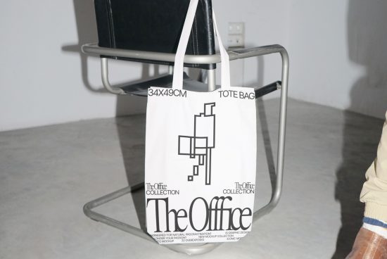 White tote bag with black text and graphics mockup on chair, presented in a minimalist setting for graphic designers.