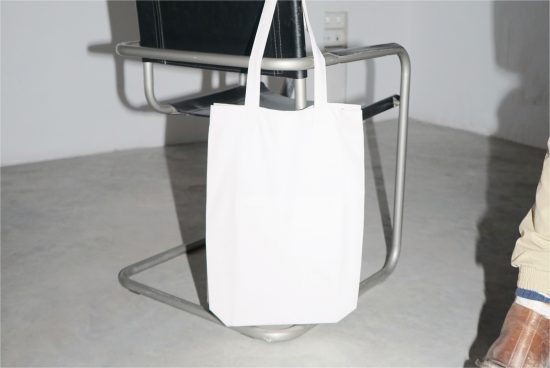 Blank tote bag mockup hanging on a chair in a minimalistic setting ideal for showcasing designs.