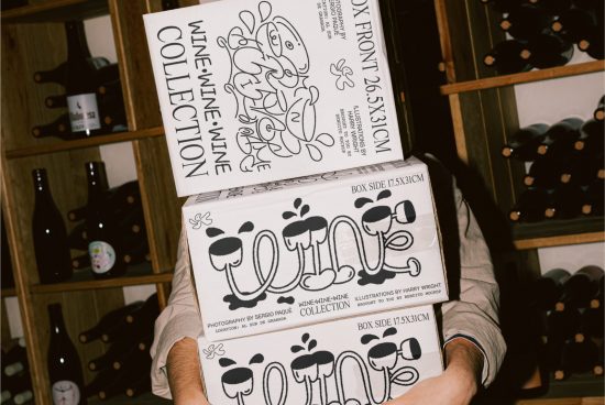 Person holding wine box mockup with playful doodle design in a cellar, ideal for packaging and branding graphics.