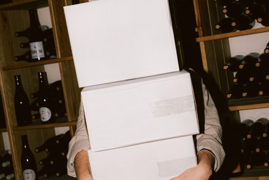 Person holding blank white boxes with wine shelf in background, ideal for packaging mockup templates for designers.
