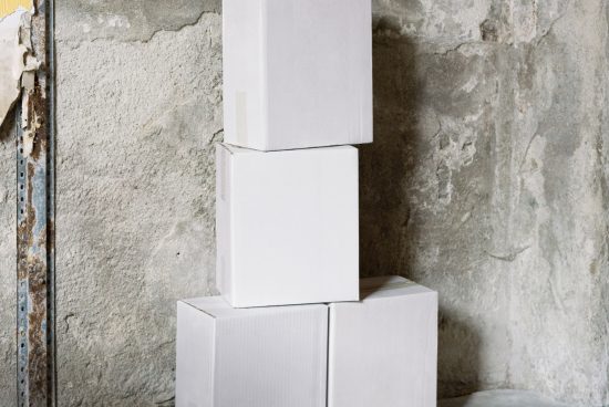 Stacked blank white boxes in a grungy interior, ideal for mockup presentations, product display, packaging design mockups for designers.