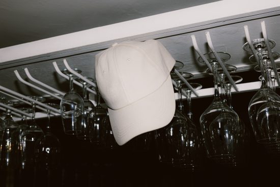 Blank beige baseball cap on a rack above an array of hanging wine glasses, ideal for mockup designs, product display, and branding projects.