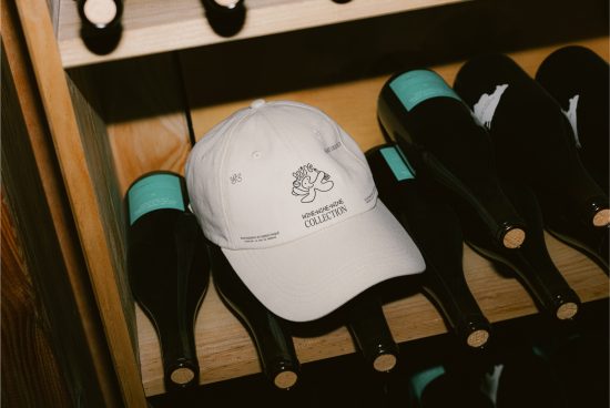 Elegant cap mockup on wine bottles, ideal for branding presentations. High-resolution apparel design showcase for designers.