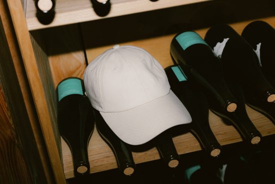 Blank baseball cap mockup on wine bottles rack, ideal for branding presentation, in a realistic setting for designers.