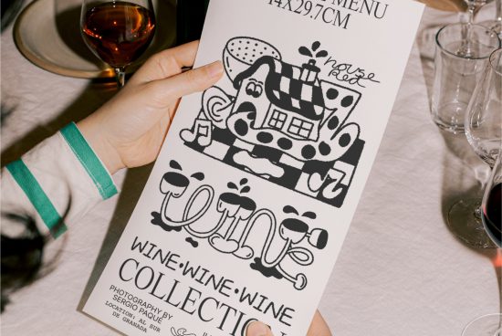 Person holding a playful wine menu design with bold graphics and typography, suitable for restaurant mockup templates and menu design inspiration.