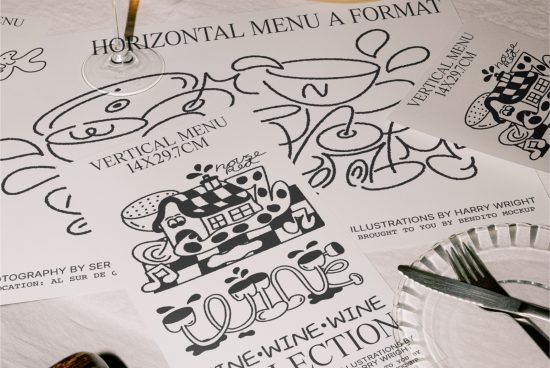 Restaurant menu mockup with creative food illustrations laid out on a table with wine glass, cutlery for graphics design presentations.