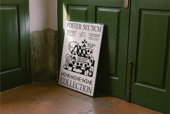 Mockup of a black and white illustrated poster on easel with whimsical design, leaned against a green door in a tiled room for display.