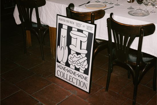 Poster mockup displayed in a restaurant setting featuring a wine collection advertisement for design inspiration and commercial showcasing.