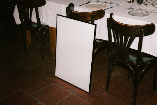 Blank menu board mockup standing on restaurant floor near set table, ideal for design presentations and branding.