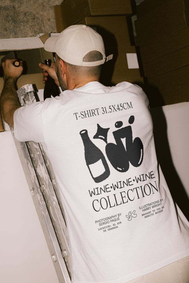 Back view of a man on ladder installing a fixture with a graphic t-shirt mockup for design presentation, including wine-themed graphics, labeled with dimensions.