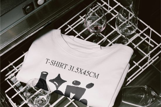 White folded t-shirt mockup with typography laid in dishwasher rack alongside wine glasses, ideal for showcasing apparel designs.