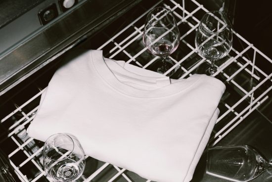 Blank white t-shirt mockup presented with wine glasses in a dishwasher for an unconventional display, suitable for apparel design showcase.