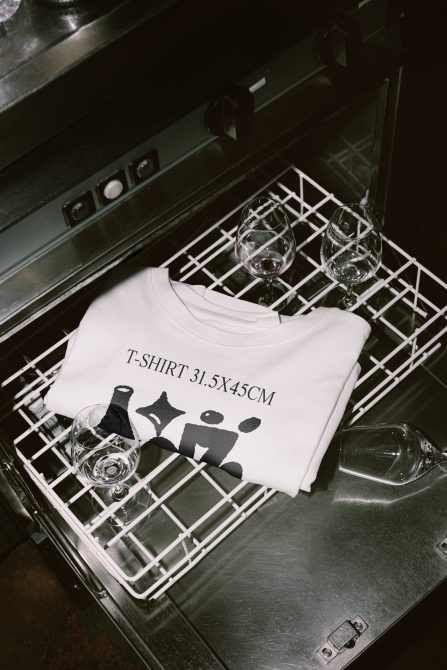 T-shirt mockup with abstract design and text laying inside industrial dishwasher with wine glasses, suitable for fashion and apparel graphics.