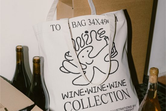 Canvas tote bag mockup with wine doodle, wine bottles, and bold typography ideal for branding, wine-related designs display, and eco-friendly packaging visuals.