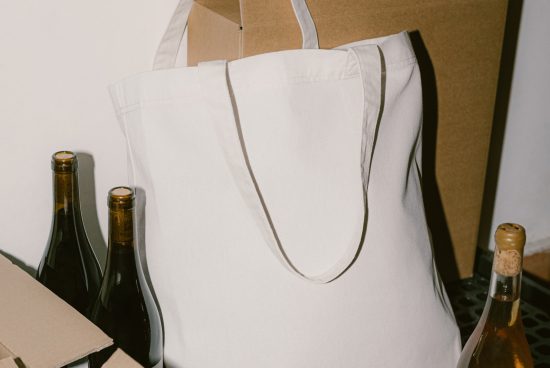 Canvas tote bag mockup with wine bottles next to a cardboard box on a tabletop, ideal for product design presentations.