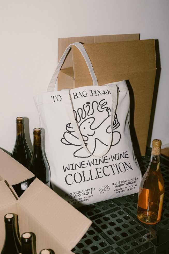 Canvas tote bag mockup with wine theme design, bottles, and packaging, realistic texture, print ready for graphic designers.