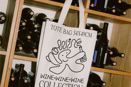 Canvas tote bag with doodle design mockup hanging on a rack beside wine bottles, displaying size and playful text graphics.